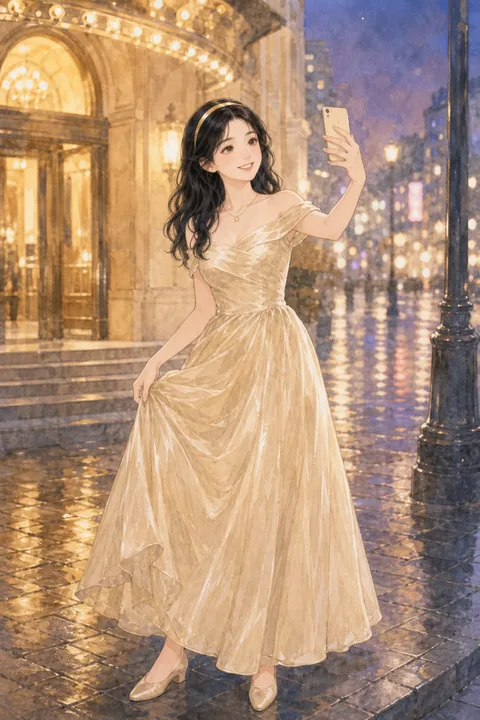 白艾莉穿晚礼服在城市街角自拍