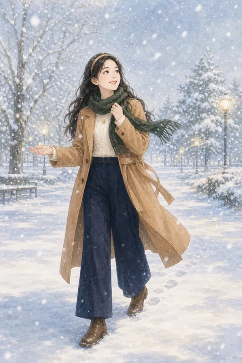 白艾莉穿冬季大衣在大雪中接雪花