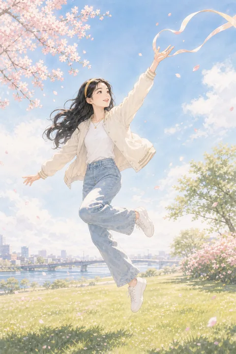 白艾莉穿棒球夹克和牛仔裤跳跃伸手