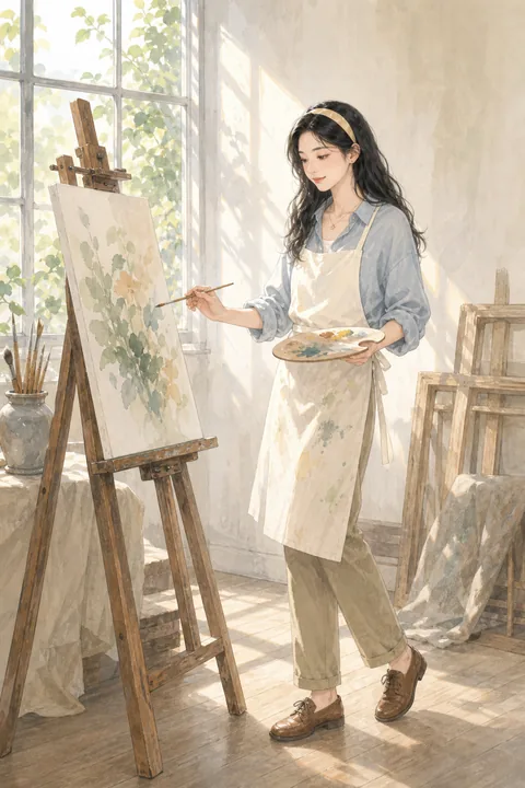 白艾莉穿工作围裙在画室作画