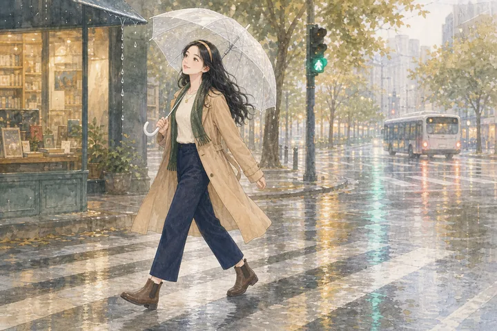 白艾莉穿风衣撑透明伞走过雨中街角