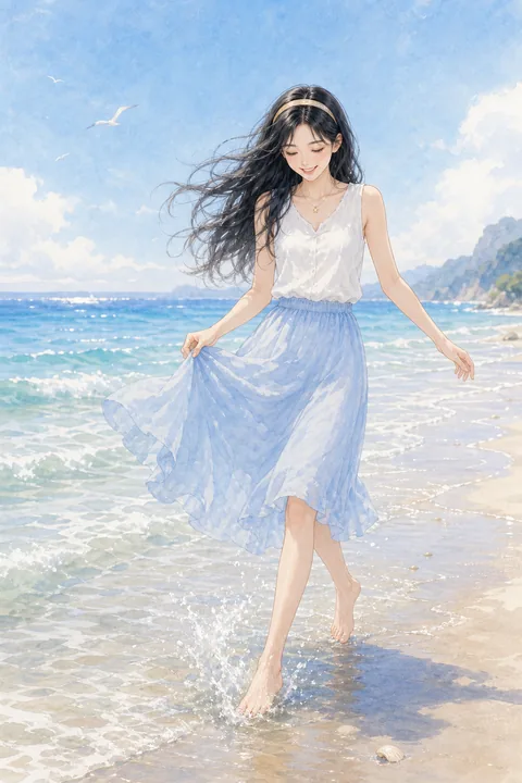 白艾莉穿浅蓝夏日裙装在海边踏浪
