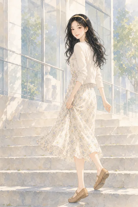 白艾莉穿碎花裙转身回望
