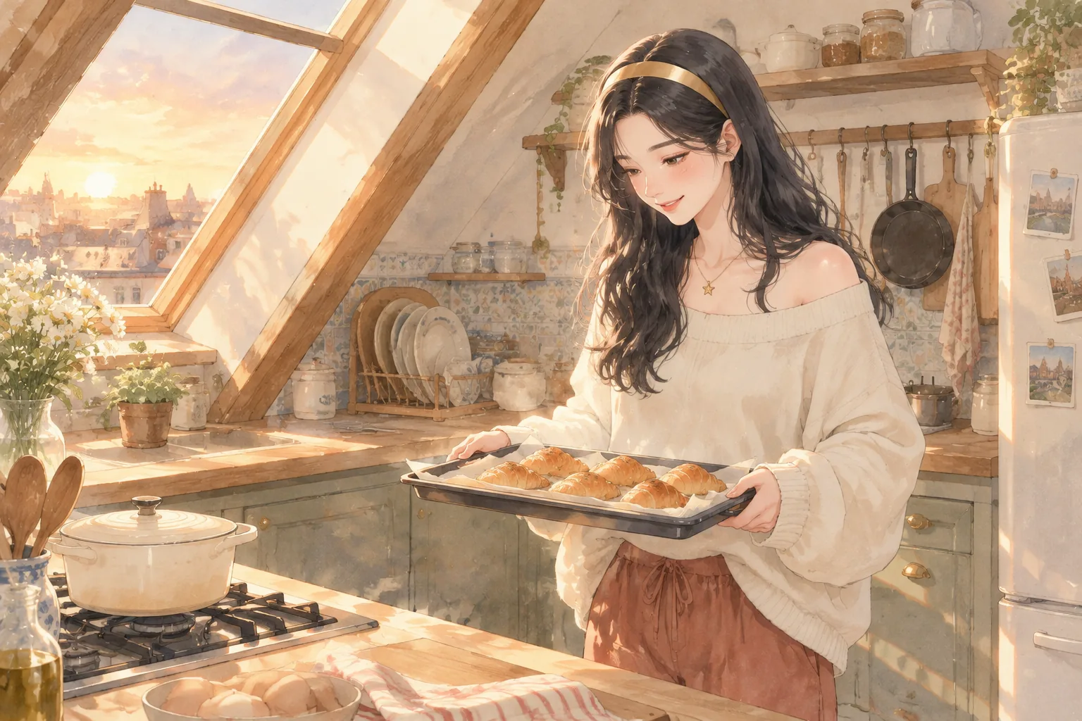 早晨，阁楼小厨房里，白艾莉端着刚出炉的面包