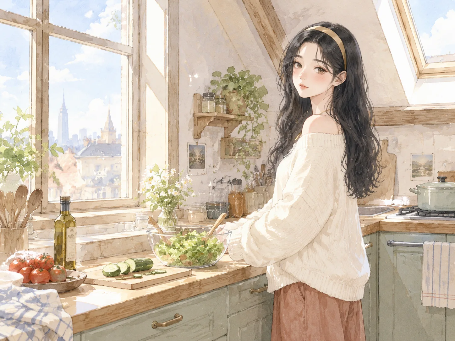 中午，白艾莉在窗边的料理台前做沙拉