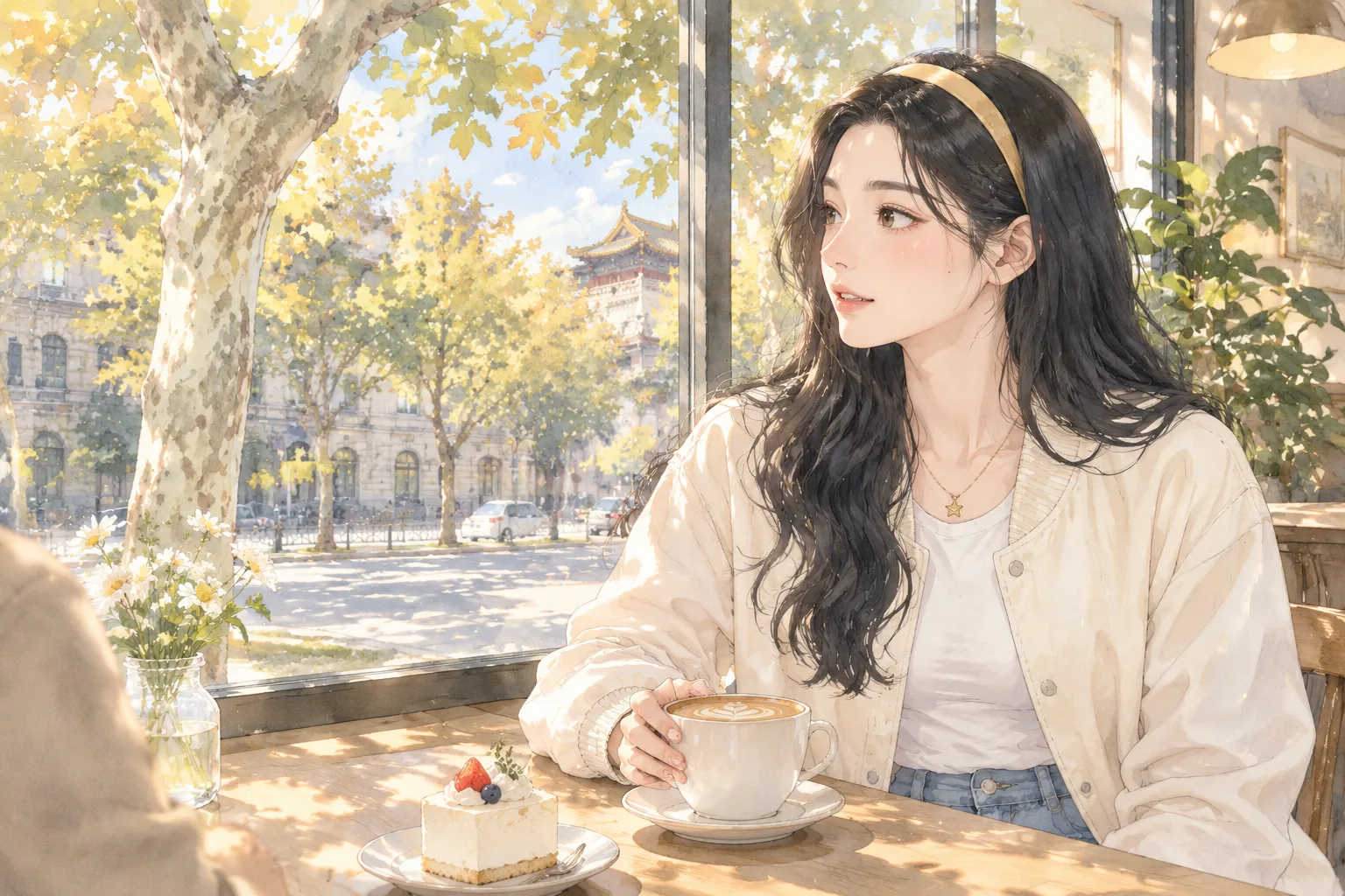 下午，白艾莉在咖啡馆里捧着拿铁，旁边是一块草莓蛋糕