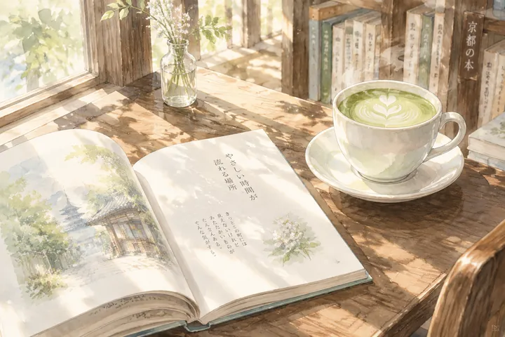 书桌上的摊开的书和抹茶拿铁