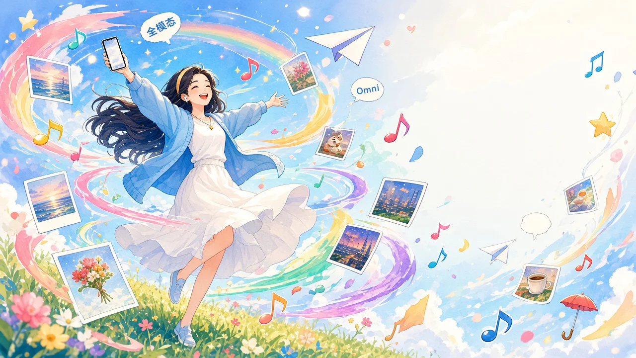 白艾莉在花坡上旋转，照片、音符、对话气泡和纸飞机围着她，象征全模态的 Personal Agent