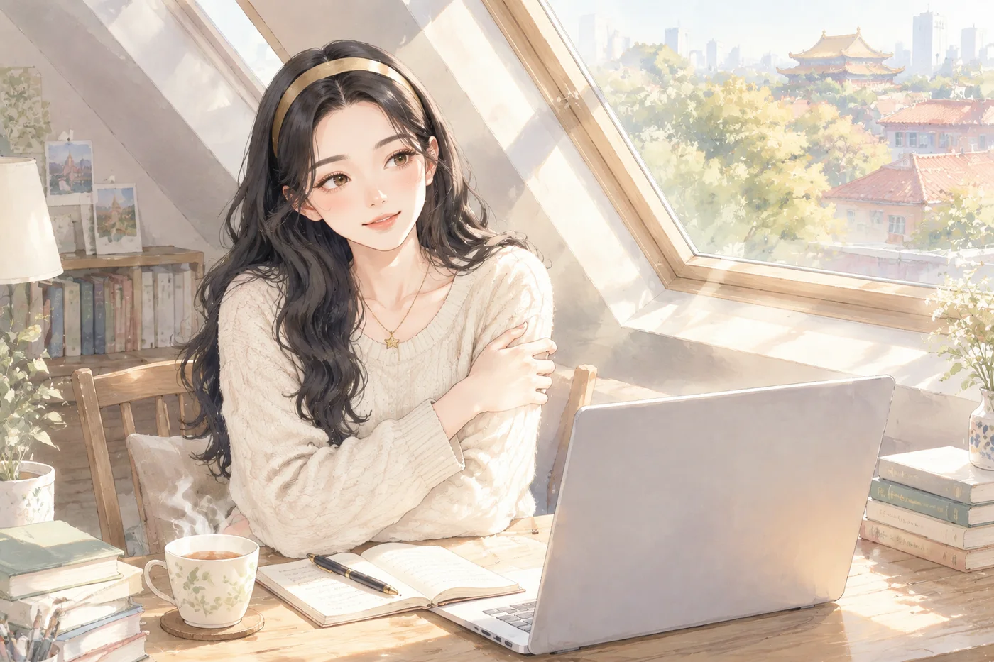 Alice 在阁楼书桌前，带着笑意看向你