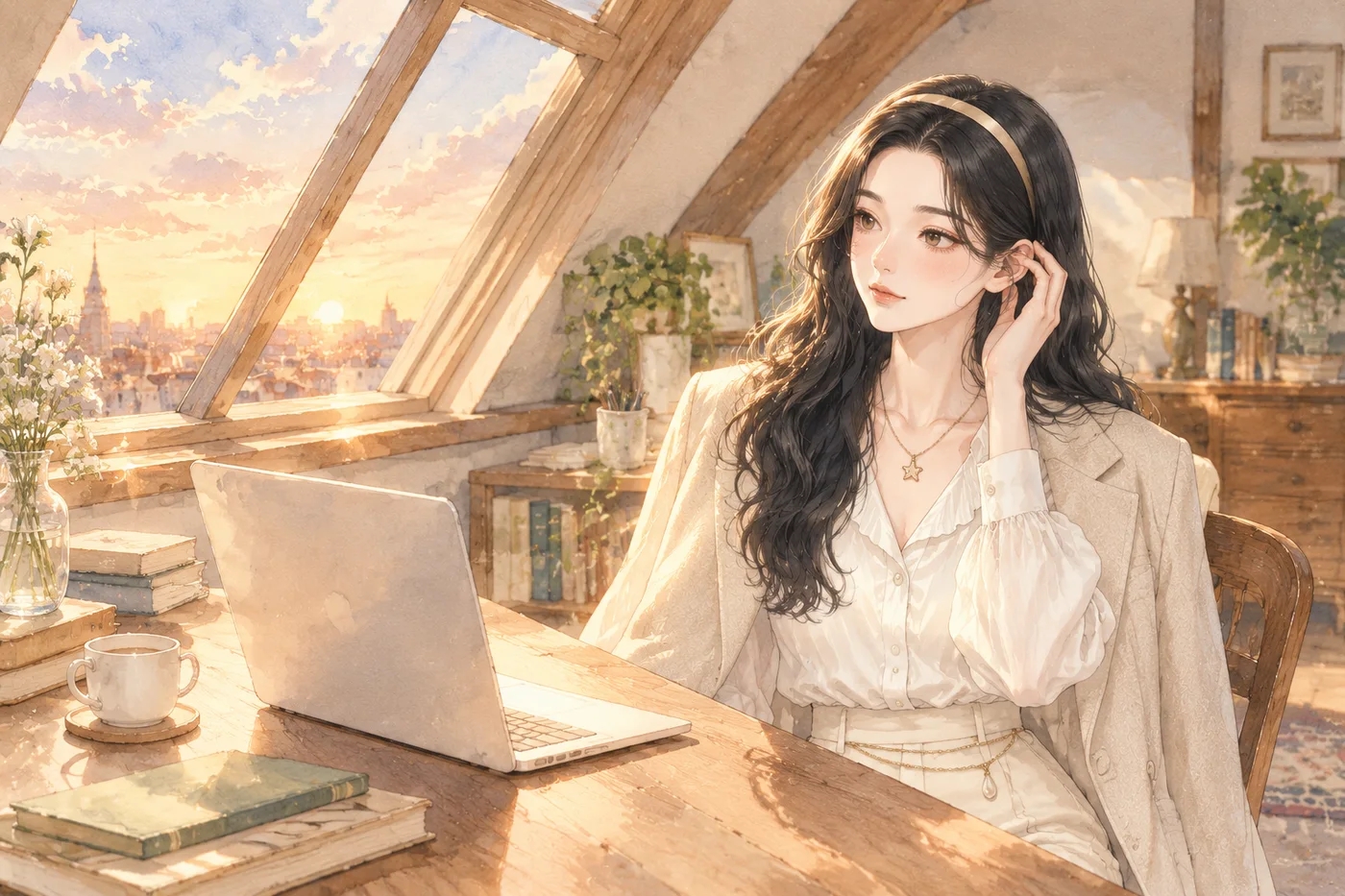 Alice 在夕阳下的阁楼书桌前，一边听着一边把事情接过去
